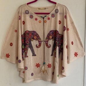 Cyn Hippie Novelty Floral Elephant Boho Poncho Top OS Feather Flowy Festival
